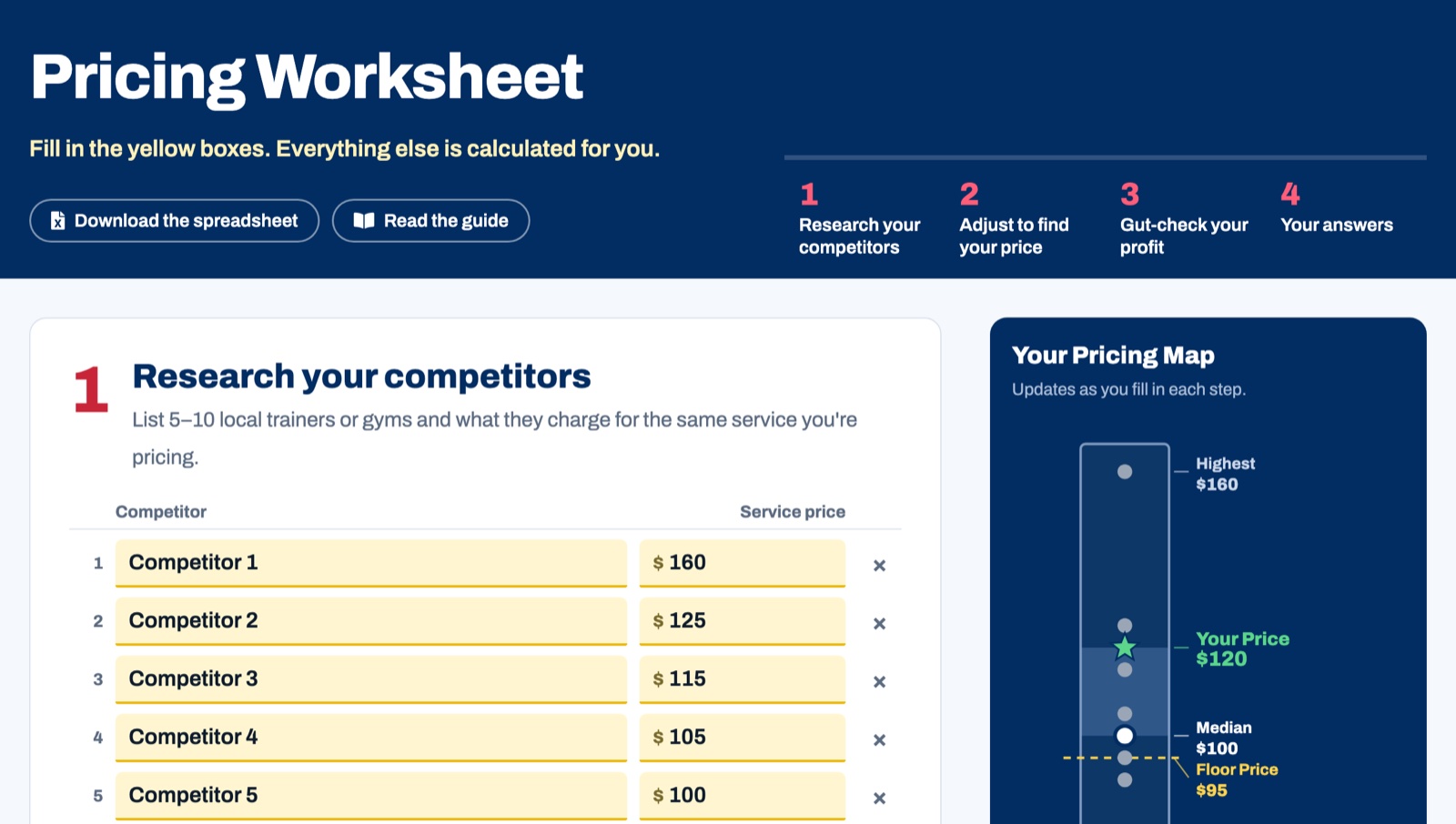 The CoachFirst Pricing Worksheet with a filled-in Pricing Map
